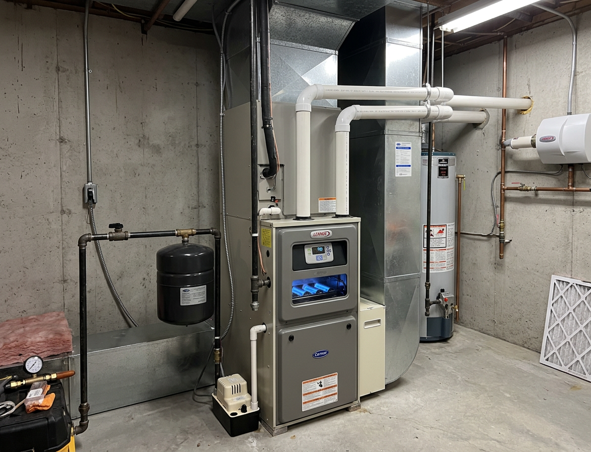 Furnace with digital display and water heater in basement