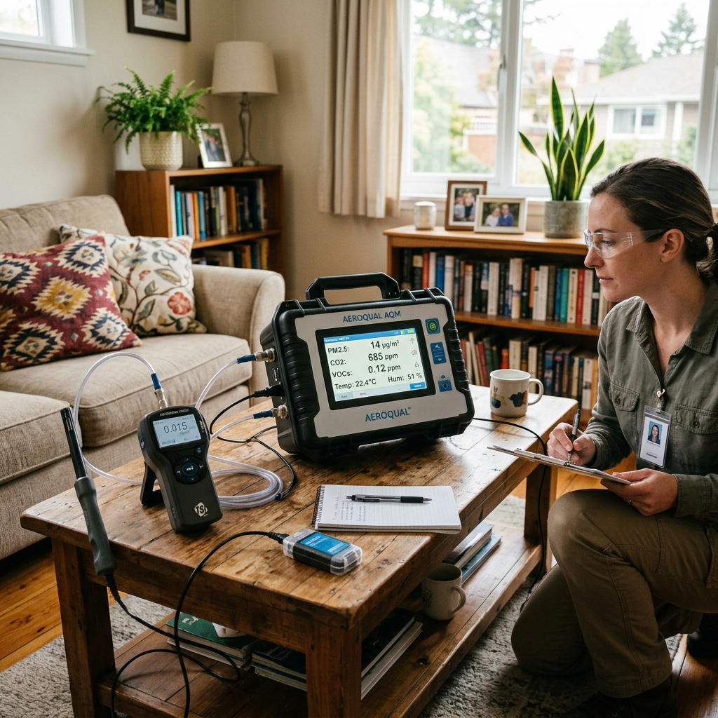 Technician wearing safety glasses recording indoor air quality data with devices on a wooden coffee table